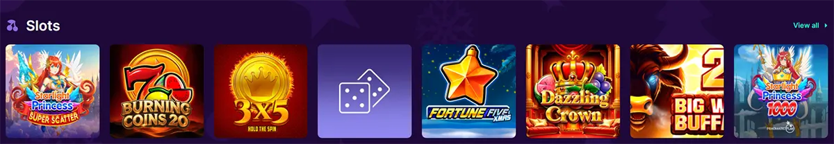 Slots carousel showing game tiles including Starlight Princess Super Scatter, Burning Coins 20, 3x5 Hold the Spin, a dice icon tile, Fortune Five XMas, Dazzling Crown, Big Bad Buffalo, and Starlight Princess 1000, with a “View all” link.